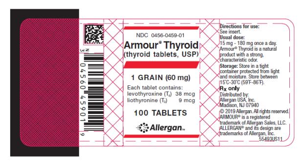 NDC: <a href=/NDC/0456-0459-01>0456-0459-01</a> 
Armour ® Thyroid
(thyroid tablets, USP)
1 GRAIN (60 mg)
Each tablet contains: 
levothyroxine (T4) 38 mcg 
liothyronine (T3) 9 mcg 
100 TABLETS
Allergan
