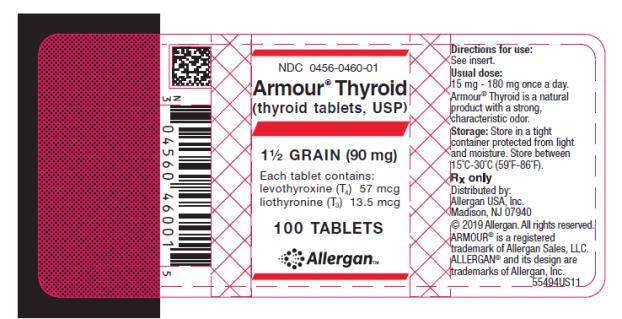 NDC: <a href=/NDC/0456-0460-01>0456-0460-01</a> 
Armour ® Thyroid
(thyroid tablets, USP)
1½ GRAIN (90 mg)
Each tablet contains: 
levothyroxine (T4) 57 mcg 
liothyronine (T3) 13.5 mcg 
100 TABLETS
Allergan
