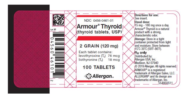 NDC: <a href=/NDC/0456-0461-01>0456-0461-01</a> 
Armour ® Thyroid
(thyroid tablets, USP)
2 GRAIN (120 mg)
Each tablet contains: 
levothyroxine (T4) 76 mcg 
liothyronine (T3) 18 mcg 
100 TABLETS
Allergan
