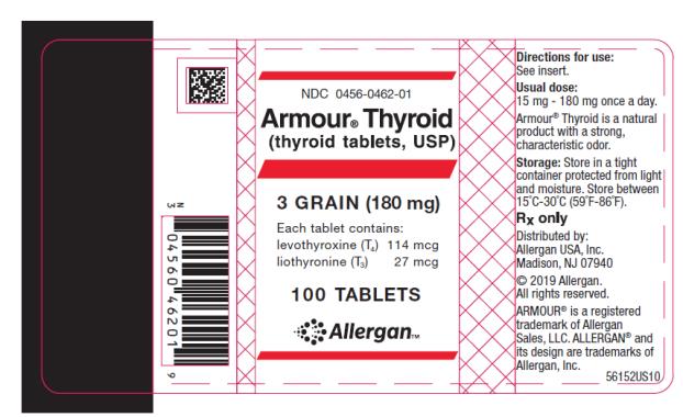 NDC: <a href=/NDC/0456-0462-01>0456-0462-01</a> 
Armour ® Thyroid
(thyroid tablets, USP)
3 GRAIN (180 mg)
Each tablet contains: 
levothyroxine (T4) 114 mcg 
liothyronine (T3) 27 mcg 
100 TABLETS
Allergan
