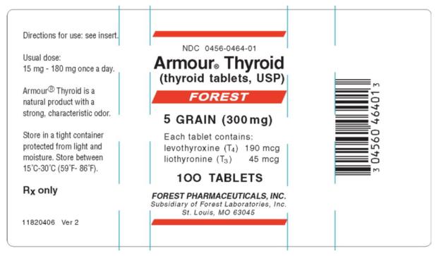 NDC: <a href=/NDC/0456-0464-01>0456-0464-01</a> 
Armour ® Thyroid
(thyroid tablets, USP)
FOREST
5 GRAIN (300 mg)
Each tablet contains: 
levothyroxine (T4) 190 mcg 
liothyronine (T3) 45 mcg 
100 TABLETS
FOREST PHARMACEUTICALS, INC.
Subsidiary of Forest Laboratories, Inc. 
St. Louis, MO 63045
