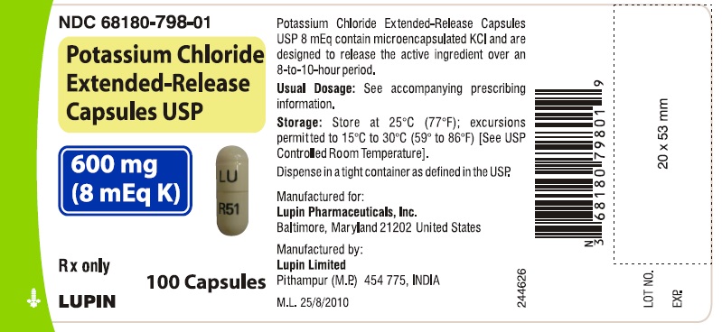 Potassium Chloride Extended-Release Capsules USP
600 mg (8 mEq K)
							NDC: <a href=/NDC/68180-798-01>68180-798-01</a> - Bottle of 100s
