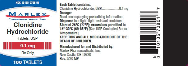 PRINCIPAL DISPLAY PANEL 
NDC: <a href=/NDC/10135-0708-0>10135-0708-0</a>1	
CLONIDINE 
HYDROCHLORIDE 
TABLETS, USP 
0.1	mg 
Rx Only
 100 Tablets
