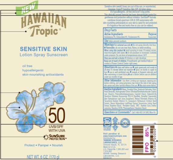 Principal Display Panel
Hawaiian Tropic Sensitive Skin Lotion Spray Sunscreen
50 UVB/SPF with UVA Net Wt 6 oz (170g)