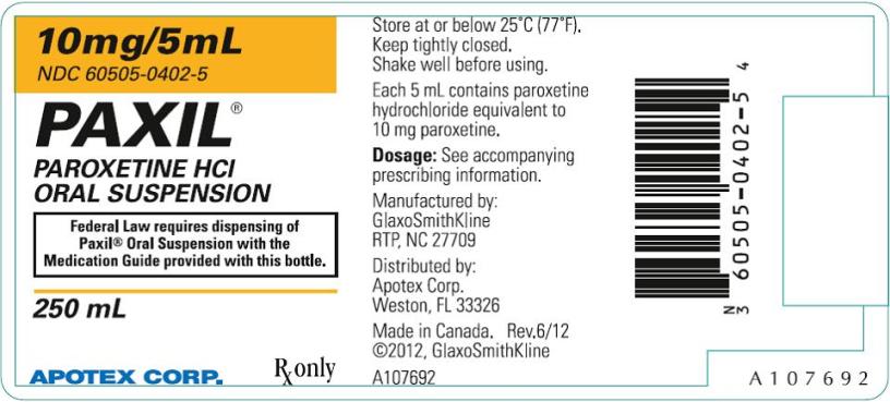 10 mg of paroxetine hydrochloride per5 mL, 250 mL bottle label