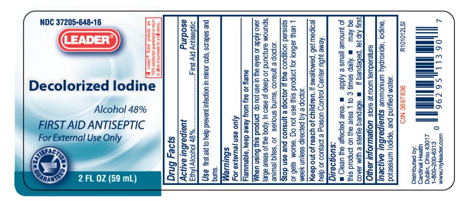 NDC: <a href=/NDC/37205-648-16>37205-648-16</a>
Leader®
Decolorized Iodine
Alcohol 48%
FIRST AID ANTISEPTIC
For External Use Only
2 FL OZ (59 mL)

