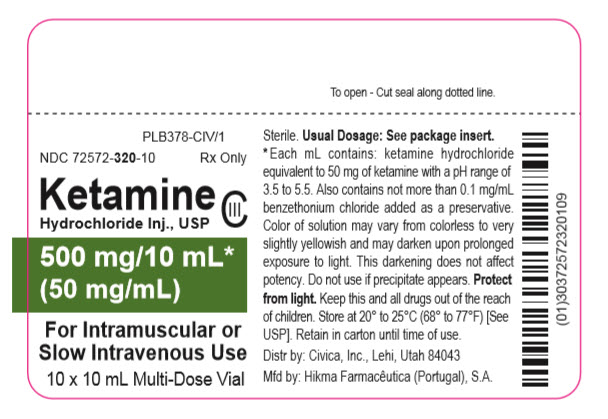 NDC: <a href=/NDC/72572-320-10>72572-320-10</a> Rx only Ketamine HCl Injection, USP CIII 500 mg/10 mL* (50 mg/mL) For Intramuscular or Slow Intravenous Use 10 x 10 mL Multi-Dose Vial