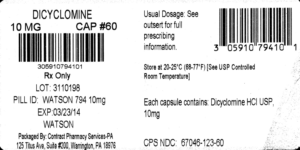 NDC: <a href=/NDC/0591-0794-01>0591-0794-01</a> Dicyclomine HCl Capsules USP 10 mg Watson 100 Capsules Rx only Each capsule contains: Dicyclomine HCl USP, 10 mg Usual dosage: See package outsert for full prescribing information. Di