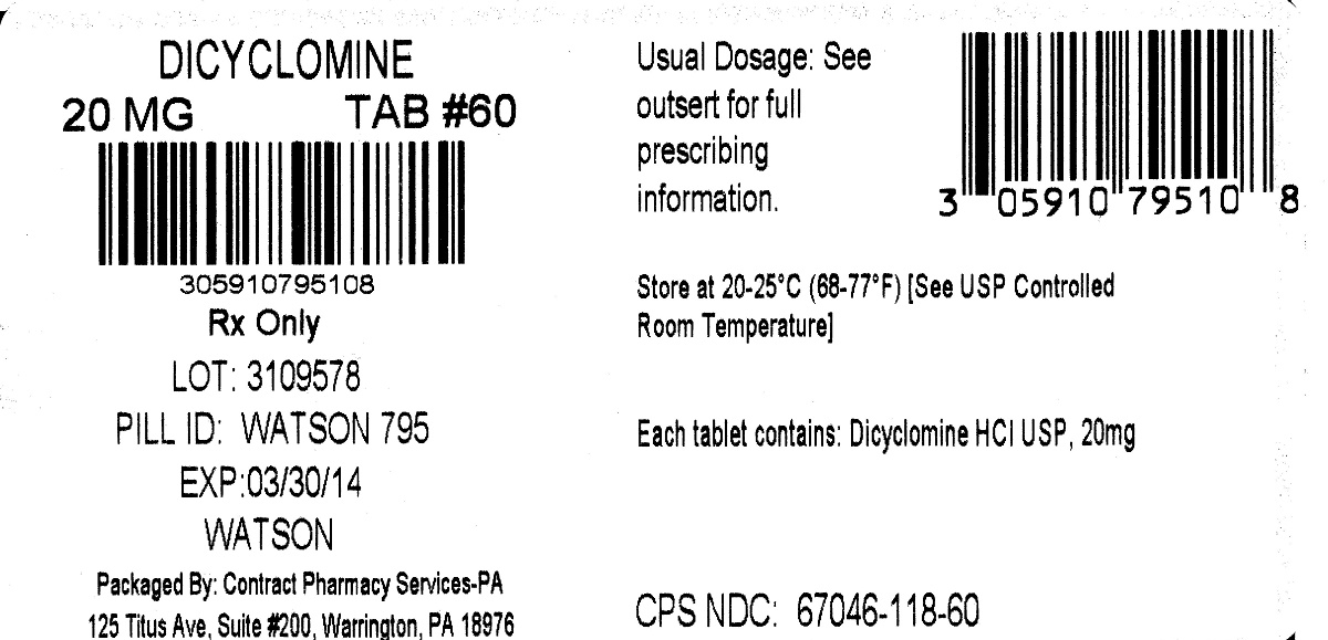 NDC: <a href=/NDC/0591-0795-01>0591-0795-01</a> Dicyclomine HCl Tablets USP 20 mg Watson 100 Tablets Rx only Each tablet contains: Dicyclomine HCl USP, 20 mg Usual dosage: See package outsert for full prescribing information. Dispe