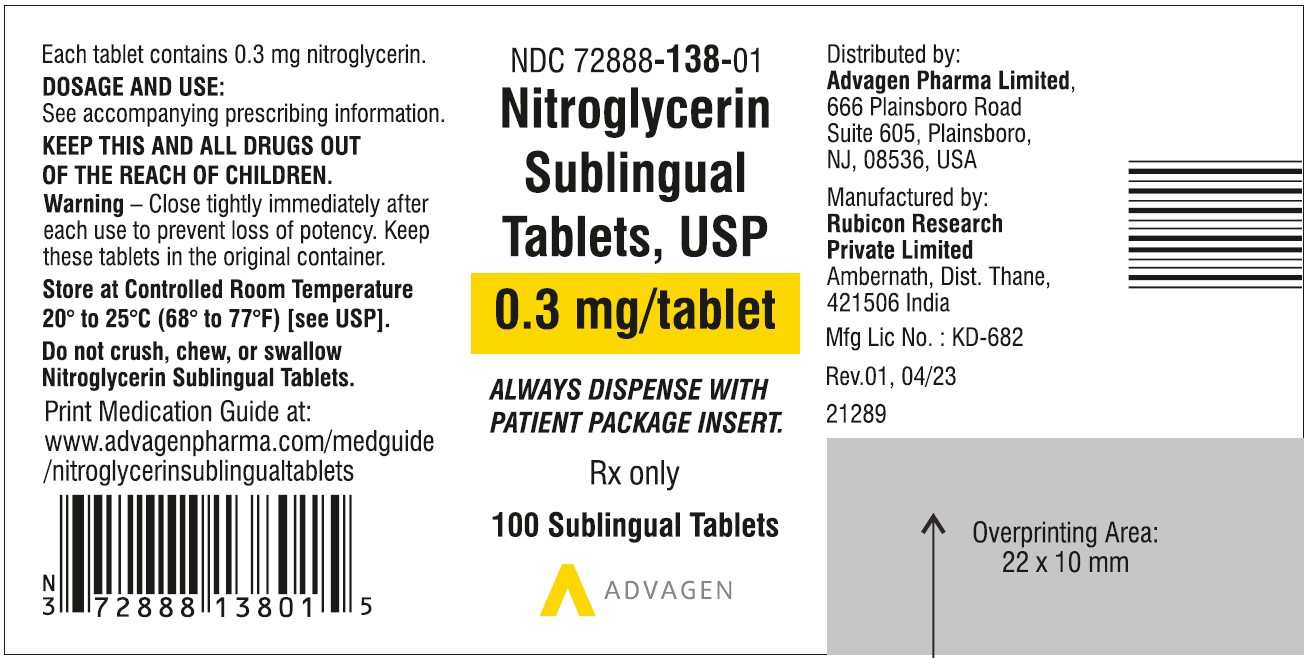 Nitroglycerin Sublingual Tablets, USP 0.3 mg - NDC: <a href=/NDC/72888-138-01>72888-138-01</a>  - Container Label