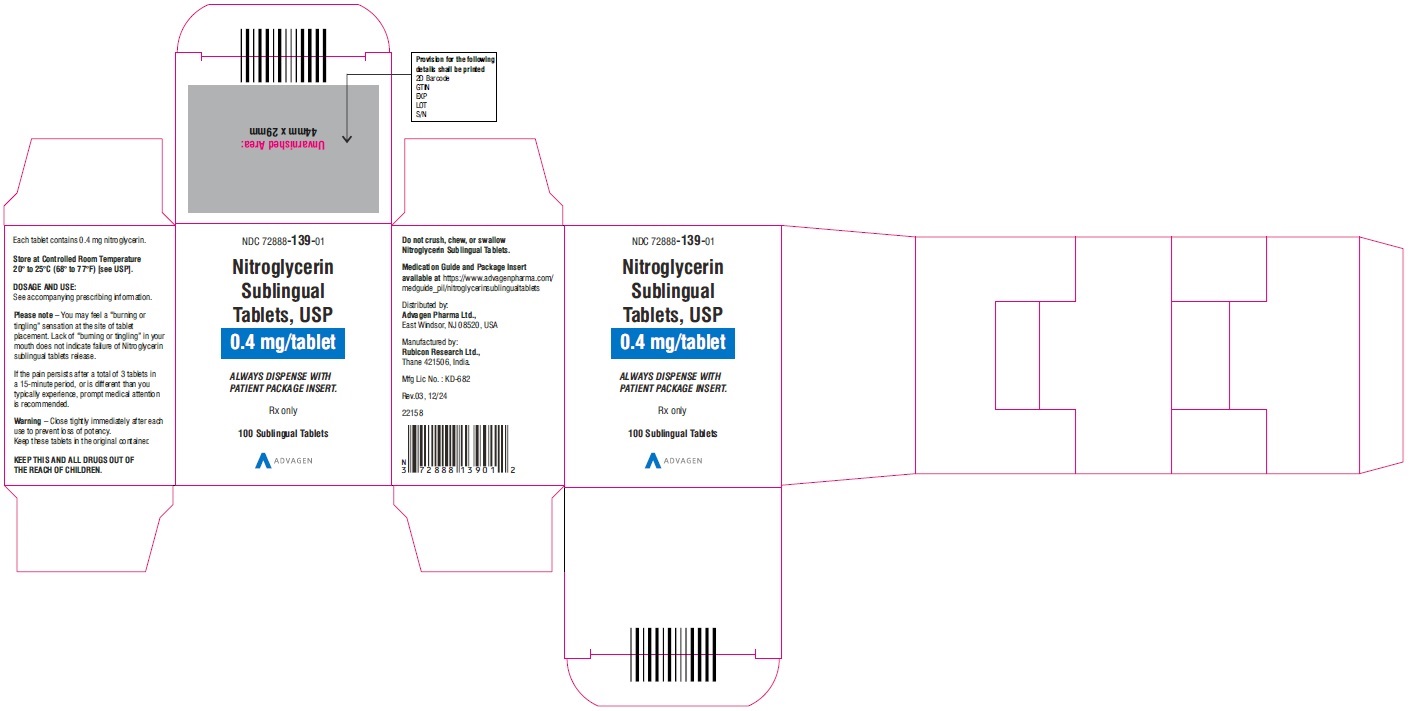 Nitroglycerin Sublingual Tablets, USP 0.4 mg - NDC: <a href=/NDC/72888-139-01>72888-139-01</a>  - 100s - Carton Label