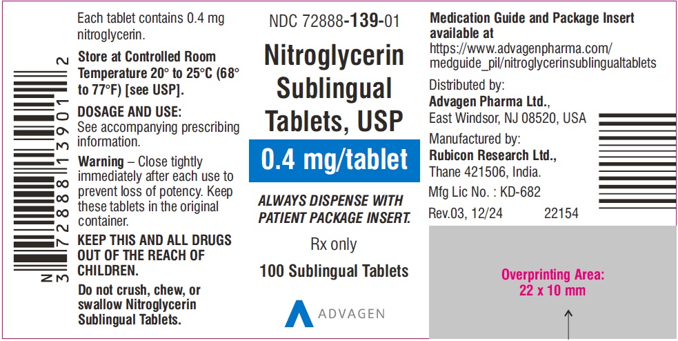 Nitroglycerin Sublingual Tablets, USP 0.4 mg - NDC: <a href=/NDC/72888-139-01>72888-139-01</a>  - 100s - Container Label
