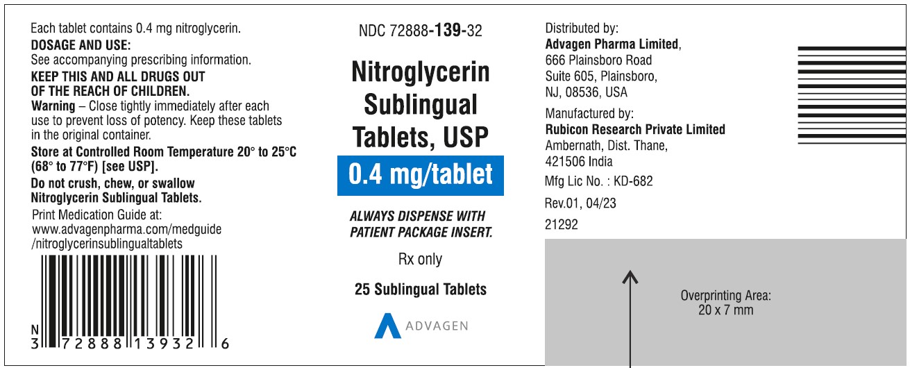 Nitroglycerin Sublingual Tablets, USP 0.4 mg - NDC: <a href=/NDC/72888-139-32>72888-139-32</a>  - 25 Tablets Container Label