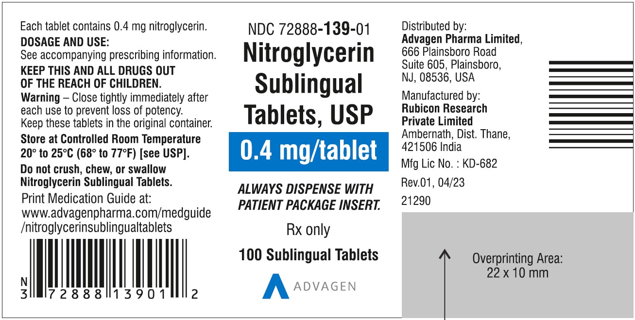 Nitroglycerin Sublingual Tablets, USP 0.3 mg - NDC: <a href=/NDC/72888-139-01>72888-139-01</a>  - Container Label