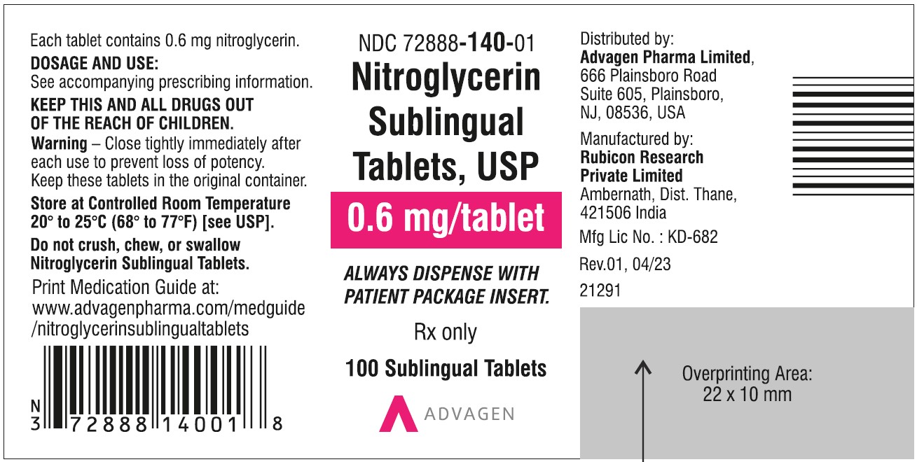 Nitroglycerin Sublingual Tablets, USP 0.6 mg - NDC: <a href=/NDC/72888-140-01>72888-140-01</a>  - Container Label