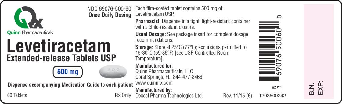 PRINCIPAL DISPLAY PANEL
NDC: <a href=/NDC/69076-500-60>69076-500-60</a>
Once Daily Dosing
Levetiracetam
Extended-release Tablets USP
500 mg
