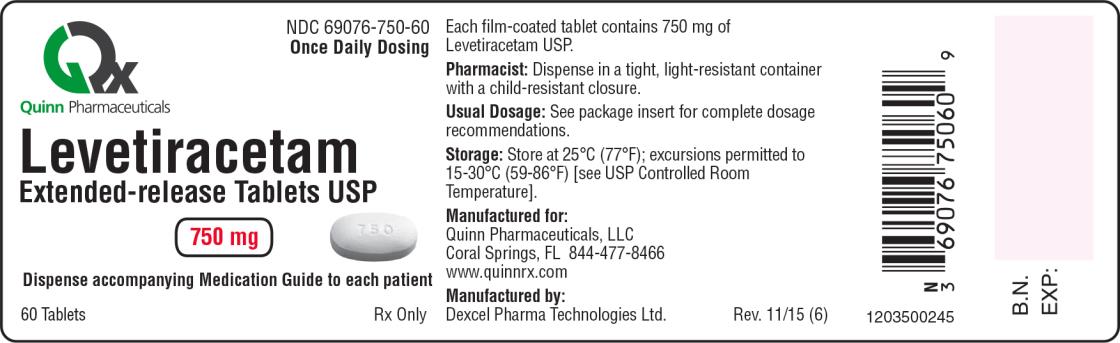 PRINCIPAL DISPLAY PANEL
NDC: <a href=/NDC/69076-750-60>69076-750-60</a>
Once Daily Dosing
Levetiracetam
Extended-release Tablets USP
750 mg