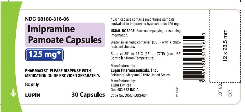 Imipramine Pamoate Capsules
125 mg - Bottle of 30s
							NDC: <a href=/NDC/68180-316-06>68180-316-06</a>       bottles of 30