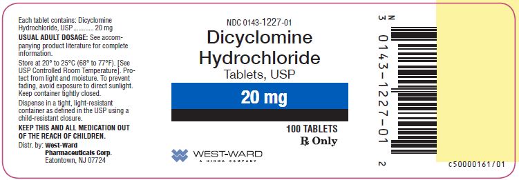NDC: <a href=/NDC/0143-1227-01>0143-1227-01</a> Dicyclomine Hydrochloride Tablets, USP 20 mg 100 Tablets Rx Only