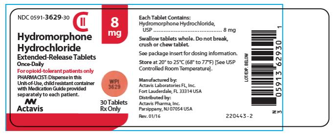 PRINCIPAL DISPLAY PANEL NDC: <a href=/NDC/0591-3629-30>0591-3629-30</a> Hydromorphone Hydrochloride Extended-Release Tablets Once daily 8 mg 30 tablets Rx Only