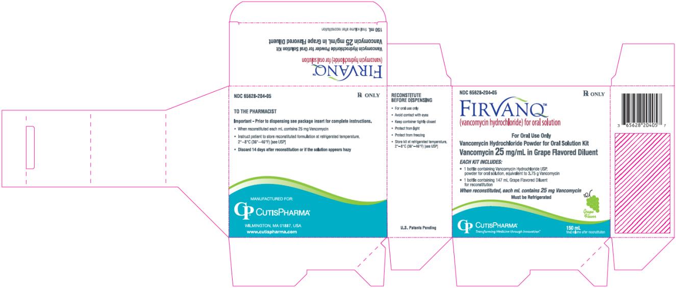PRINCIPAL DISPLAY PANEL
NDC: <a href=/NDC/65628-204-05>65628-204-05</a>
FIRVANQ
(vancomycin hydrochloride) for oral solution
For Oral Use Only
Vancomycin Hydrochloride Powder for Oral Solution Kit
Vancomycin 25 mg/mL in Grape Flavo