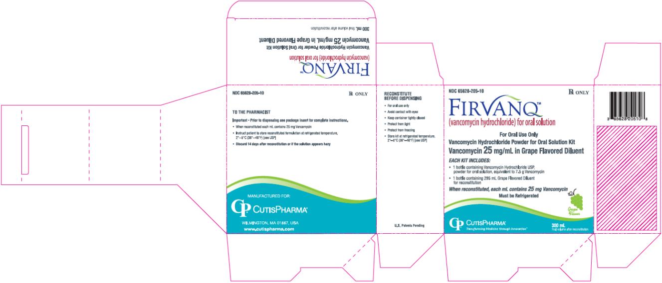 PRINCIPAL DISPLAY PANEL
NDC: <a href=/NDC/65628-205-10>65628-205-10</a>
FIRVANQ
(vancomycin hydrochloride) for oral solution
For Oral Use Only
Vancomycin Hydrochloride Powder for Oral Solution Kit
Vancomycin 25 mg/mL in Grape Flavo