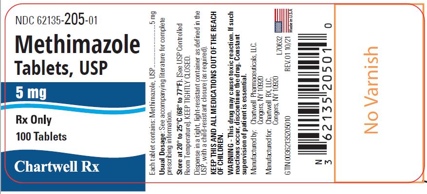 Methimazole Tablets, USP 5 mg - NDC: <a href=/NDC/62135-205-01>62135-205-01</a> - 100 Tablets Label