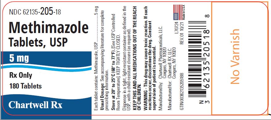 Methimazole Tablets, USP 5 mg - NDC: <a href=/NDC/62135-205-18>62135-205-18</a> - 180 Tablets Label