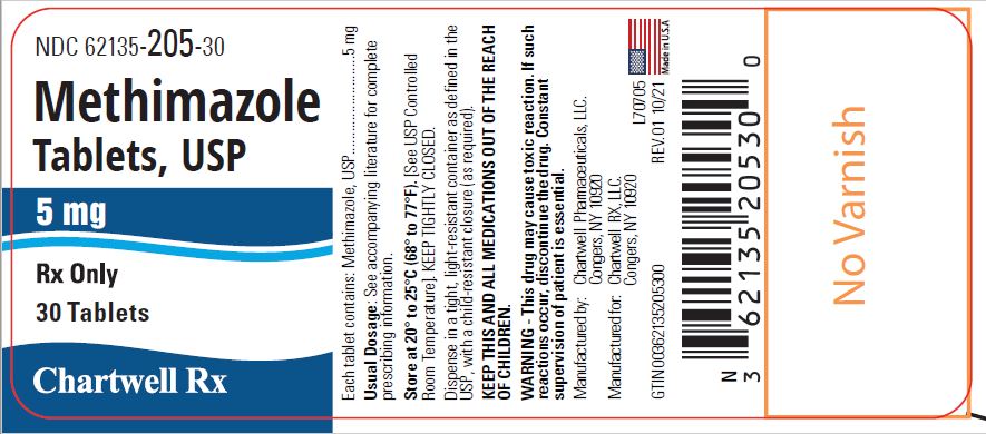 Methimazole Tablets, USP 5 mg - NDC: <a href=/NDC/62135-205-30>62135-205-30</a> - 30 Tablets Label