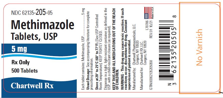 Methimazole Tablets, USP 5 mg - NDC: <a href=/NDC/62135-205-18>62135-205-18</a> - 500 Tablets Label