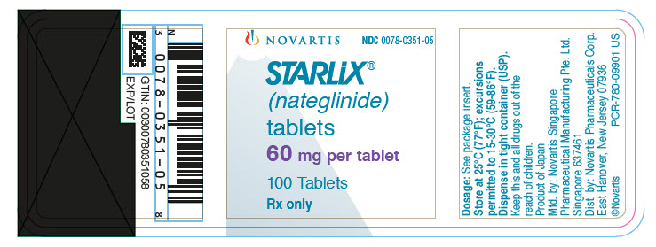 Package Label – 60 mg per tablet
Rx Only		NDC: <a href=/NDC/0078-0351-05>0078-0351-05</a>
Starlix® (nateglinide) tablets
60 mg per tablet
100 Tablets