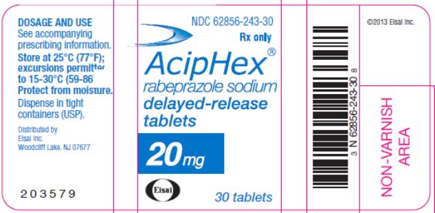 PRINCIPAL DISPLAY PANEL
NDC: <a href=/NDC/62856-243-30>62856-243-30</a>
Aciphex
rabeprazole Sodium
delayed- release
tablets
20 mg
30 tablets
Rx Only
