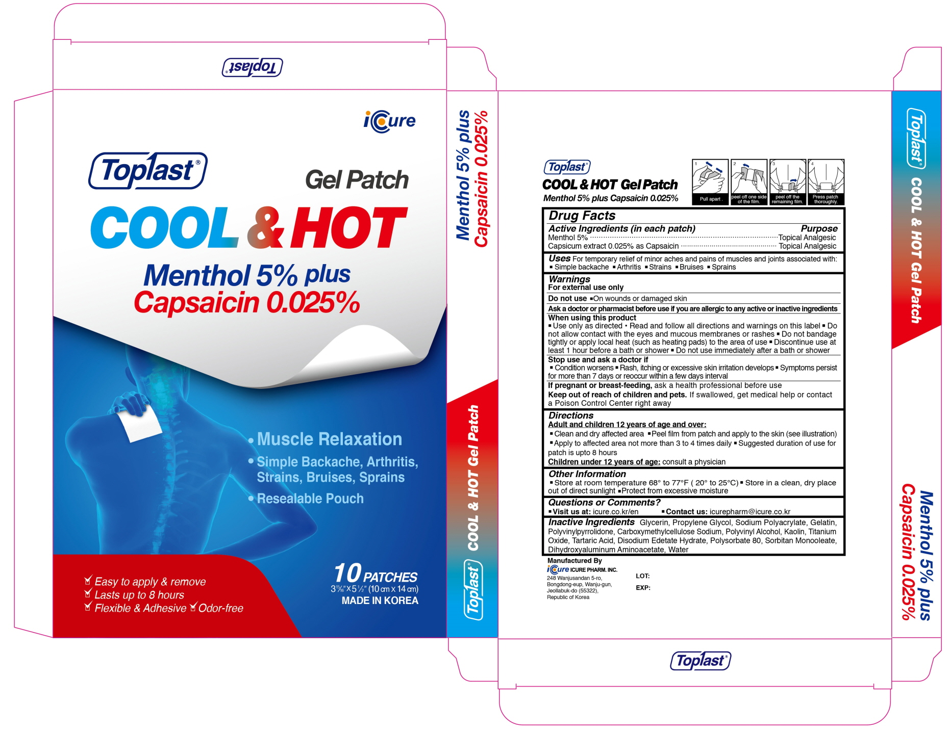 TOPLAST COOL AND HOT MENTHOL 5PERCENT PLUS CAPSAICIN 0.025PERCENT- menthol, capsaicin  patch