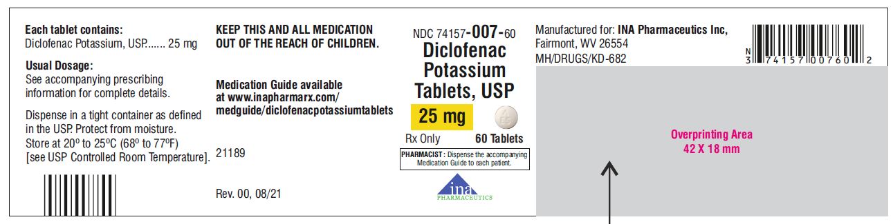 Diclofenac Potassium Tablets,USP 25 mg - NDC: <a href=/NDC/74157-007-60>74157-007-60</a>  - 60 Tablets Bottle