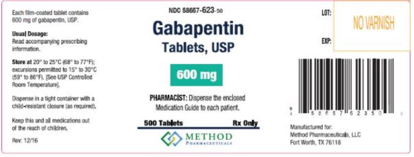 PRINCIPAL DISPLAY PANEL
NDC: <a href=/NDC/58657-623-50>58657-623-50</a>
Gabapentin
Tablets, USP
600 mg
500 Capsules 
Rx Only
