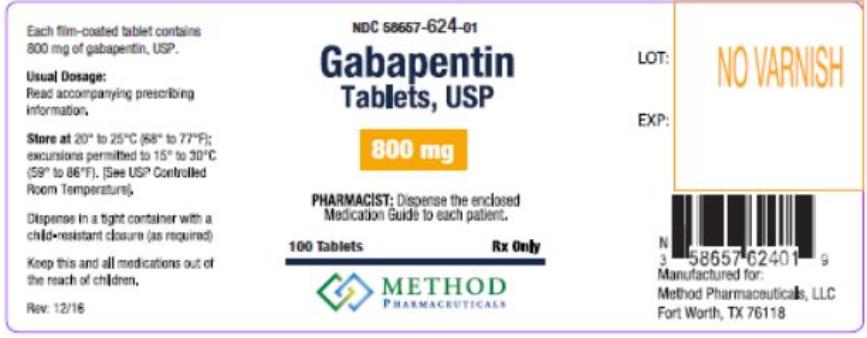 PRINCIPAL DISPLAY PANEL
NDC: <a href=/NDC/58657-624-01>58657-624-01</a>
Gabapentin
Tablets, USP
800 mg
100 Capsules 
Rx Only
