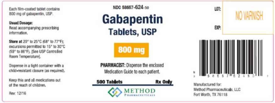 PRINCIPAL DISPLAY PANEL
NDC: <a href=/NDC/58657-624-50>58657-624-50</a>
Gabapentin
Tablets, USP
800 mg
500 Capsules 
Rx Only
