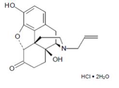 The following chemical structure for naloxone HCl dihydrate is 17-Allyl-4,5α-epoxy-3,14-dihydroxymorphinan-6-one hydrochloride dihydrate.
