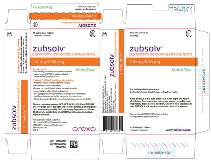 PRINCIPAL DISPLAY PANEL
NDC: <a href=/NDC/54123-914-30>54123-914-30</a>
Rx Only 
CIII
zubsolv® 
(buprenorphine and naloxone) sublingual tablets
1.4 mg/0.36 mg 
Menthol Flavor
For Sublingual Administration.
Do Not Cut, Crush, Break, Chew, or Swallow Tablet. 
Keep ZUBSOLV in a safe place, out of the sight and reach of children. Buprenorphine can cause severe, possibly fatal, respiratory depression in children. Children who accidentally take ZUBSOLV will require immediate medical attention. 
Read enclosed ZUBSOLV Medication Guide for Important Safety Information.
30 Sublingual Tablets 
(10 tablets x3 cards)
www.zubsolv.com
