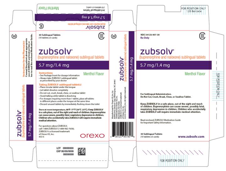 PRINCIPAL DISPLAY PANEL
NDC: <a href=/NDC/54123-957-30>54123-957-30</a>
Rx Only 
CIII
zubsolv® 
(buprenorphine and naloxone) sublingual tablets
5.7 mg/1.4 mg 
Menthol Flavor
For Sublingual Administration.
Do Not Cut, Crush, Break, Chew, or Swallow Tablet. 
Keep ZUBSOLV in a safe place, out of the sight and reach of children. Buprenorphine can cause severe, possibly fatal, respiratory depression in children. Children who accidentally take ZUBSOLV will require immediate medical attention. 
Read enclosed ZUBSOLV Medication Guide for Important Safety Information.
30 Sublingual Tablets 
(10 tablets x3 cards)
www.zubsolv.com
