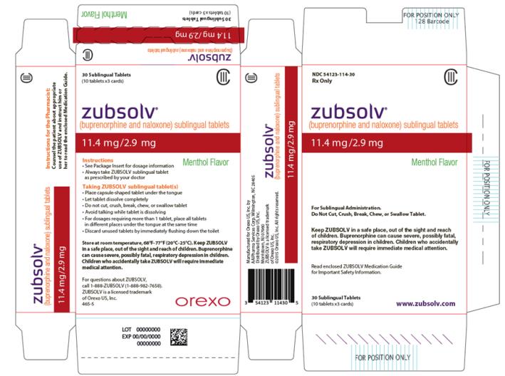 PRINCIPAL DISPLAY PANEL
NDC: <a href=/NDC/54123-114-30>54123-114-30</a>
Rx Only 
CIII
zubsolv® 
(buprenorphine and naloxone) sublingual tablets
11.4 mg/2.9 mg 
Menthol Flavor
For Sublingual Administration.
Do Not Cut, Crush, Break, Chew, or Swallow Tablet. 
Keep ZUBSOLV in a safe place, out of the sight and reach of children. Buprenorphine can cause severe, possibly fatal, respiratory depression in children. Children who accidentally take ZUBSOLV will require immediate medical attention. 
Read enclosed ZUBSOLV Medication Guide for Important Safety Information.
30 Sublingual Tablets 
(10 tablets x3 cards)
www.zubsolv.com
