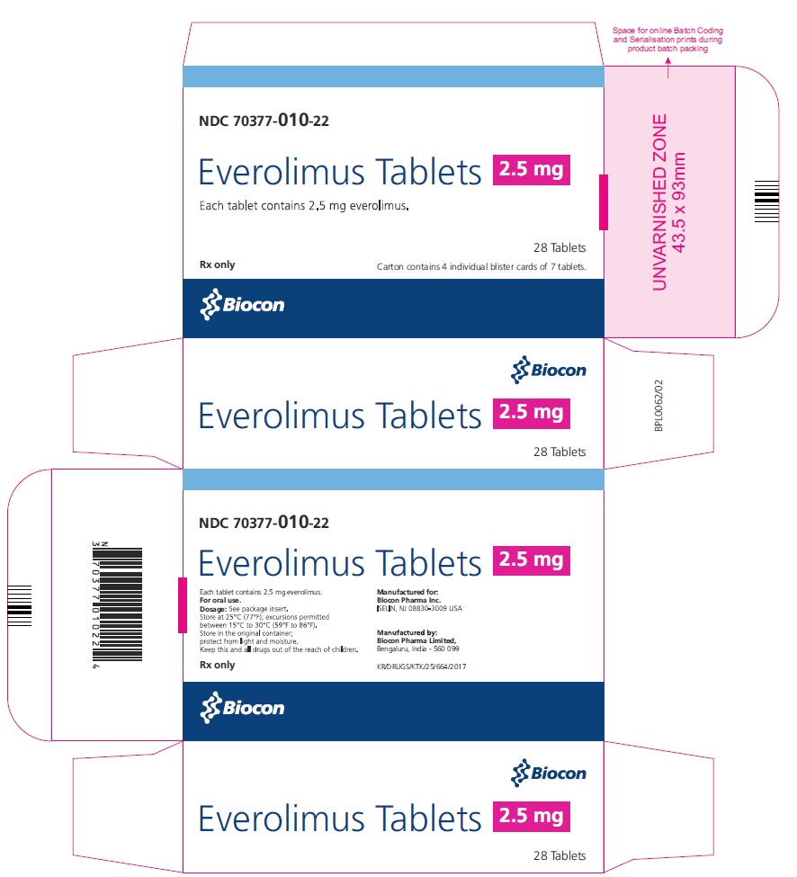 PRINCIPAL DISPLAY PANEL Package Label 2.5 mg Rx Only		NDC: <a href=/NDC/70377-010-22>70377-010-22</a> Everolimus Tablets Each tablet contains 2.5 mg everolimus 28 Tablets Carton contains 4 individual blister cards of 7 tablets