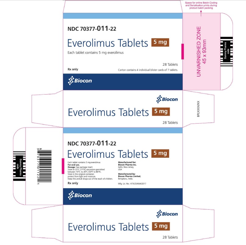 PRINCIPAL DISPLAY PANEL Package Label 5 mg Rx Only		NDC: <a href=/NDC/70377-011-22>70377-011-22</a> Everolimus Tablets Each tablet contains 5 mg everolimus 28 Tablets Carton contains 4 individual blister cards of 7 tablets 