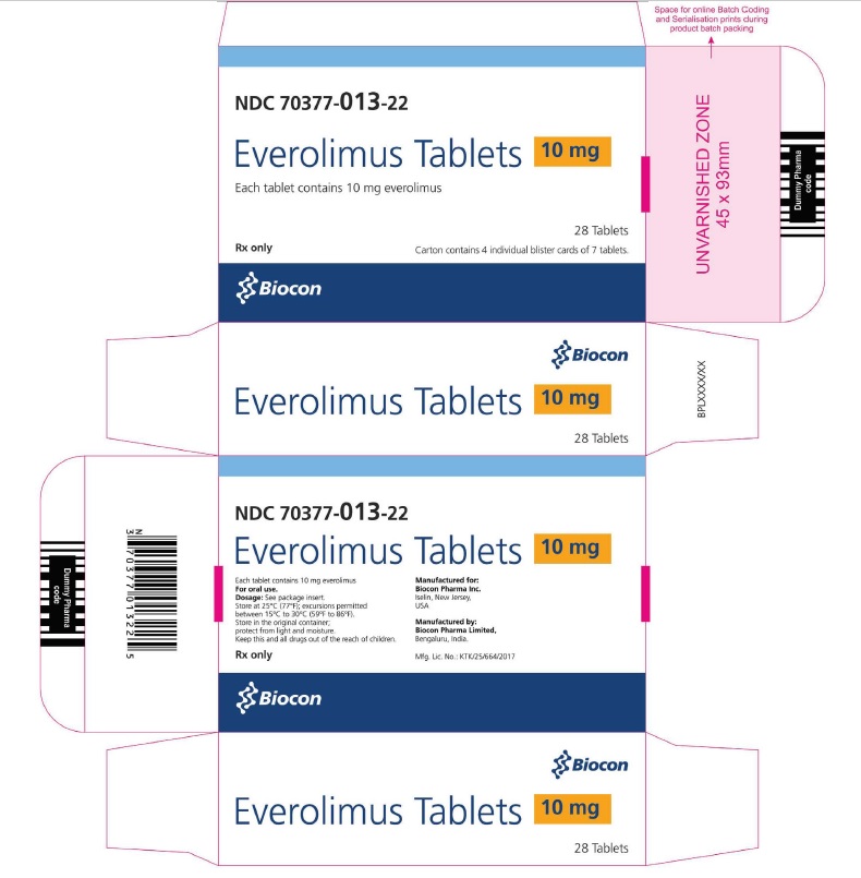 PRINCIPAL DISPLAY PANEL Package Label 10 mg Rx Only		NDC: <a href=/NDC/70377-13-22>70377-13-22</a> Everolimus Tablets Each tablet contains10 mg everolimus 28 Tablets Carton contains 4 individual blister cards of 7 tablets