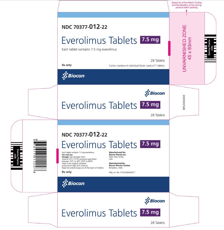 PRINCIPAL DISPLAY PANEL Package Label 7.5 mg Rx Only		NDC: <a href=/NDC/70377-012-22>70377-012-22</a>  Everolimus Tablets Each tablet contains 7.5 mg everolimus 28 Tablets Carton contains 4 individual blister cards of 7 tablets.