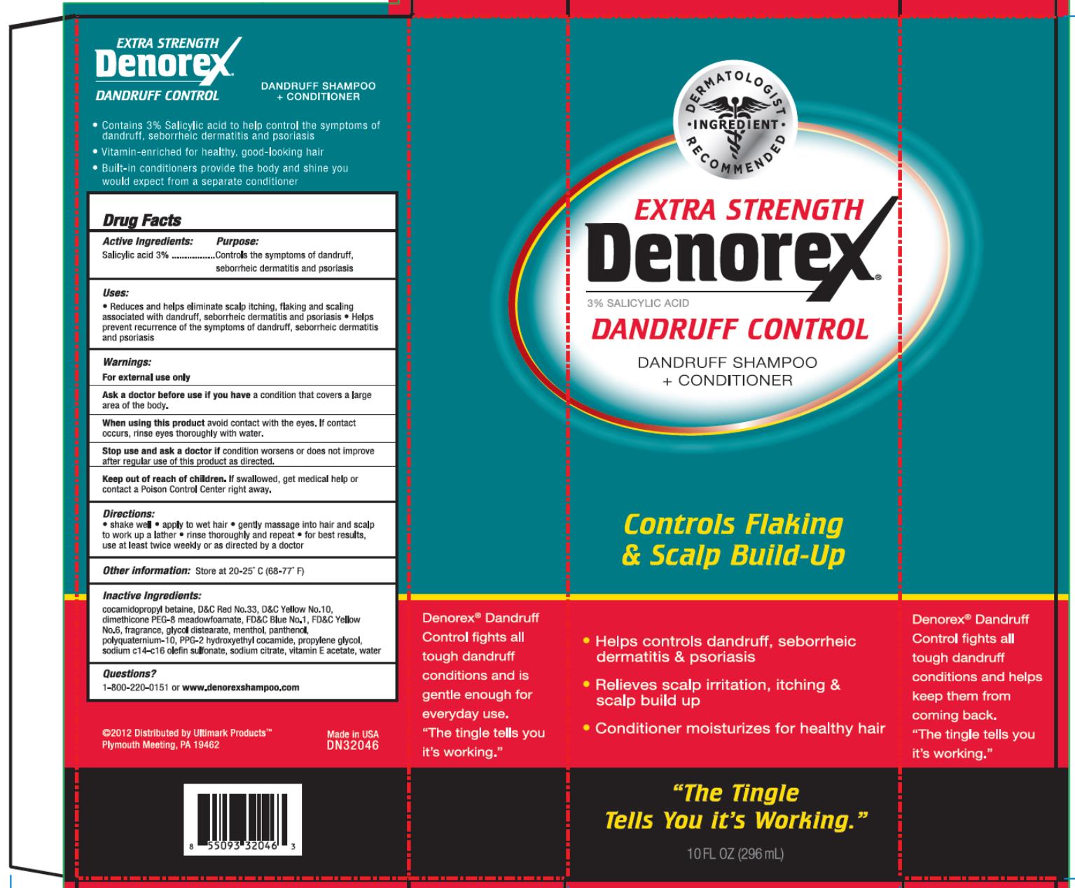 EXTRA STRENGTH DENOREX
3 % Salicylic Acid
DANDRUFF Control
SHAMPOO +
CONDITIONER
10 FL OZ (296 mL)

