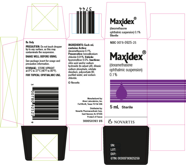 PRINCIPAL DISPLAY PANEL
							0078-0925-25
							MAXIDEX® (dexamethasone ophthalmic suspension) 0.1%
							5 mL
							Sterile
							NOVARTIS