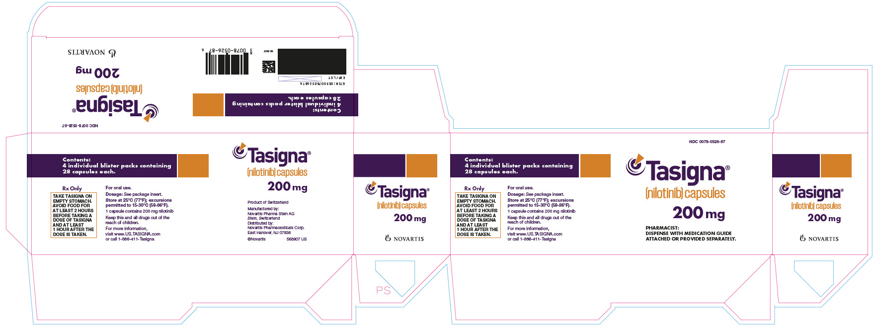 NDC: <a href=/NDC/0078-0526-87>0078-0526-87</a>
Tasigna
(nilotinib) capsules
200 mg
							