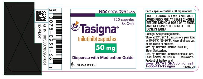 NDC: <a href=/NDC/0078-0951-87>0078-0951-87</a>66
Tasigna
(nilotinib) capsules
50 mg
							