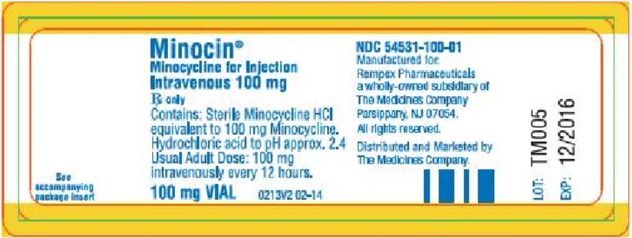 Principal Display Panel MINOCIN® Minocycline for Injection Intravenous 100 mg Rx only 100 mg VIAL NDC: <a href=/NDC/54531-100-01>54531-100-01</a>